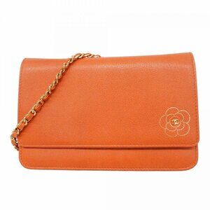 Chanel Shoulder Wallet Camellia Leather Orange Red Gold